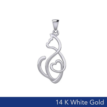 Running Cat with Heart 14K White Gold Pendant WPD5280 - Jewelry